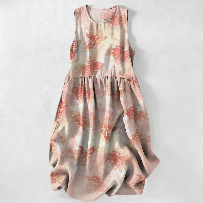 Buddha Stones Zomerse casual Midi voor dames met goudvis- en koivisprint, Mouwloos en met Zakken. - MistyRoos - US16, UK/AU20, EU48 (3XL) - image 0