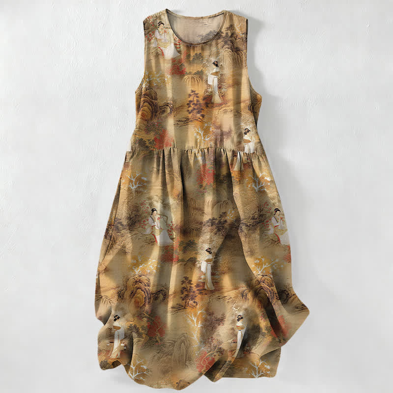 Buddha Stones Zomerse casual damesjurk met oosters landschapspatroon, Mouwloos Midi jurk met Zakken - Bruinen - US16, UK/AU20, EU48 (3XL) - image 0