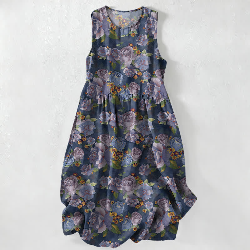 Buddha Stones Zomerse casual vintage Midi -jurk voor dames met rozenprint , Mouwloos en met Zakken. - Marine - US16, UK/AU20, EU48 (3XL) - image 0