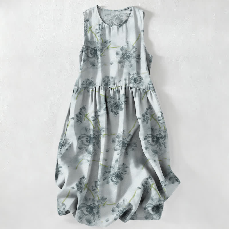 Buddha Stones Zomerse casual Midi voor dames met bloemen- en botanisch patroon, Mouwloos en met Zakken. - Lichtblauw - US16, UK/AU20, EU48 (3XL) - image 0