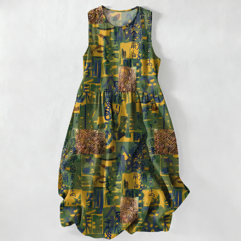 Buddha Stones Zomerse casual abstracte patchwork geometrische patroon Mouwloos Midi jurk voor dames met Zakken - Olijf - US16, UK/AU20, EU48 (3XL) - image 0
