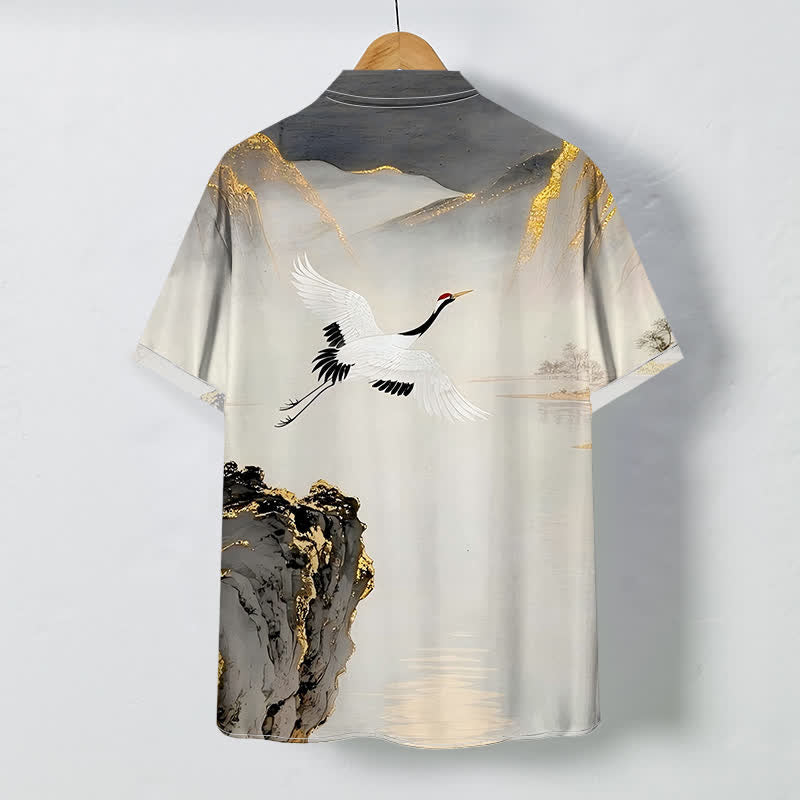 Buddha Stones Ink Crane Mountain Patroon Knopen Kreukvrij Korte mouw Mouwen - image 1