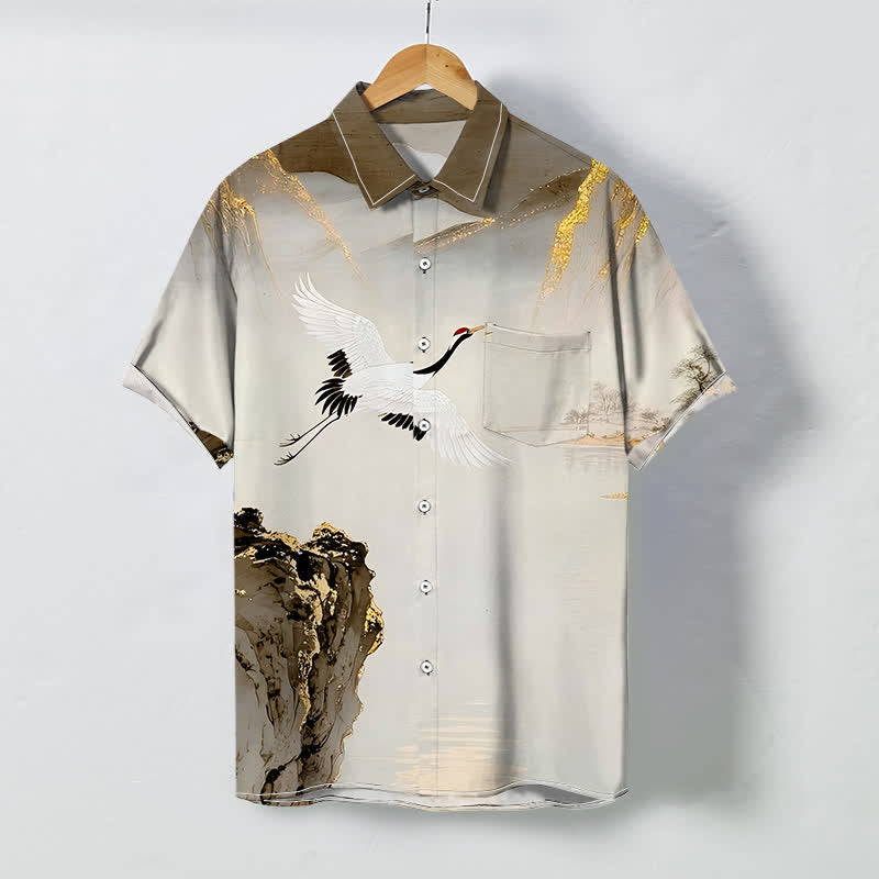 Buddha Stones Ink Crane Mountain Patroon Knopen Kreukvrij Korte mouw Mouwen - Sienna - US/UK/AU48, EU58 (4XL) - image 6