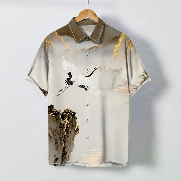 Buddha Stones Ink Crane Mountain Patroon Knopen Kreukvrij Korte mouw Mouwen - Sienna - US/UK/AU48, EU58 (4XL) - image 6