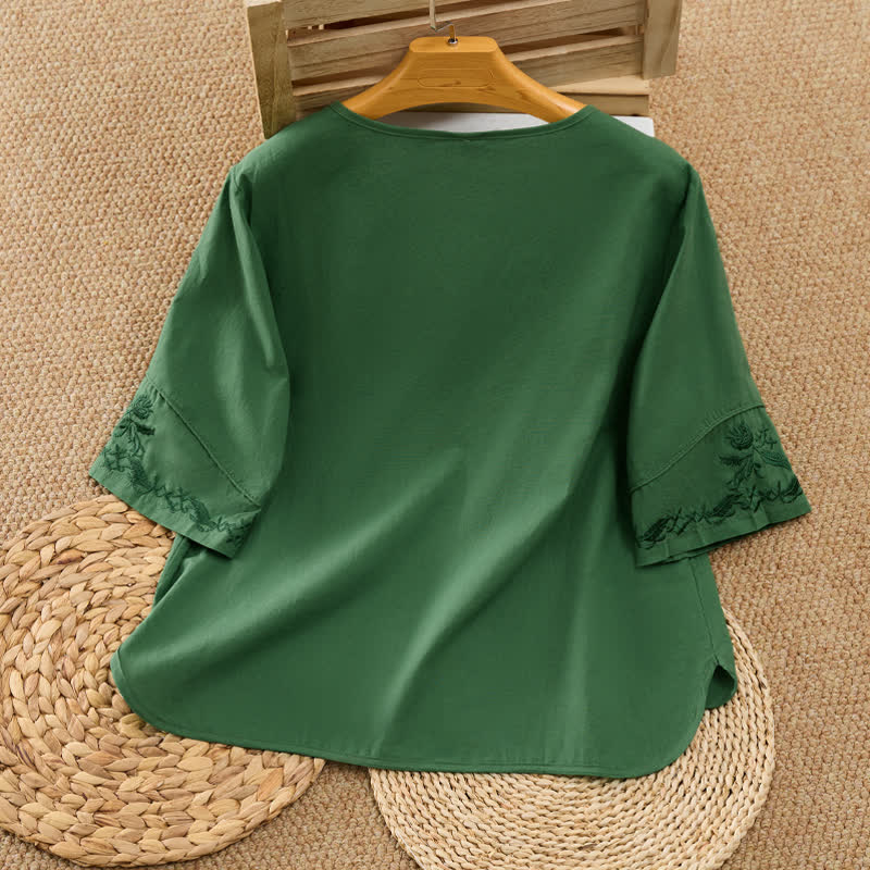 Buddha Stones Zomerse vintage damesblouse met V-hals, bloemenprint en Overhemden , Mouw tot de elleboog. - image 1