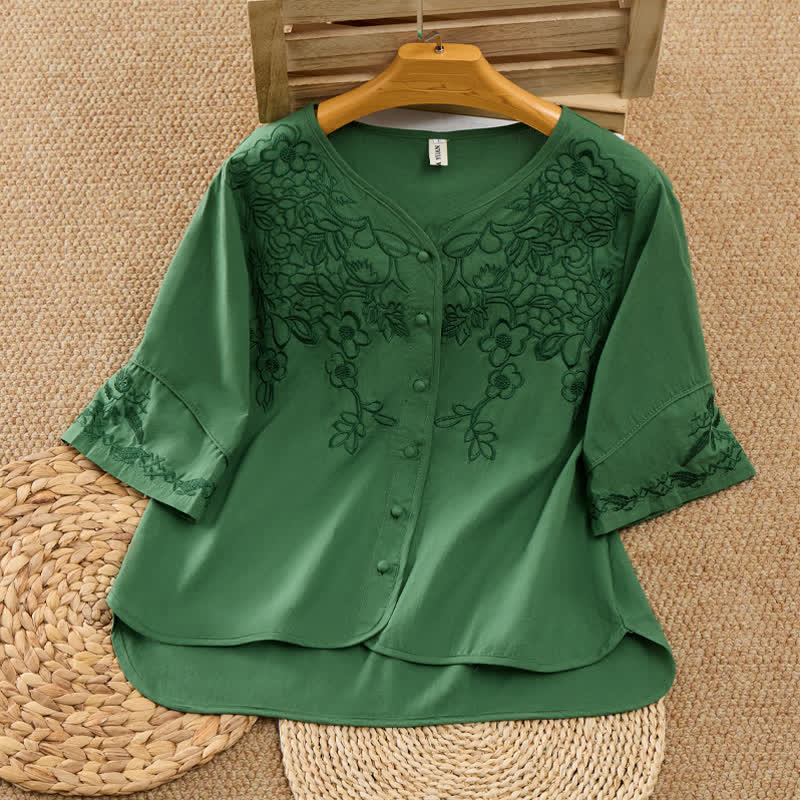 Buddha Stones Zomerse vintage damesblouse met V-hals, bloemenprint en Overhemden , Mouw tot de elleboog. - Bosgroen - US8-10，UK/AU12-14，EU40-42 (2XL) - image 0
