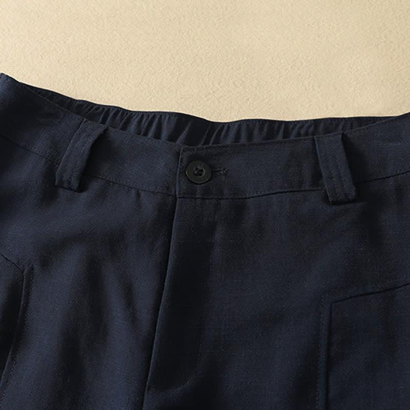 Buddha Stones Lente/Zomer Minimalistische Elegante Lang Broek met Knoopsluiting en Ritssluiting, Effen Katoen, Rechte Pijpen, Damesbroek met Zakken - image 1