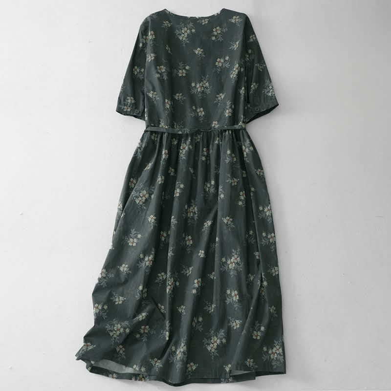 Buddha Stones Zomerse vintage jurk met trekkoord, grijze bloemenprint, Korte mouw en zakje voor dames - image 1