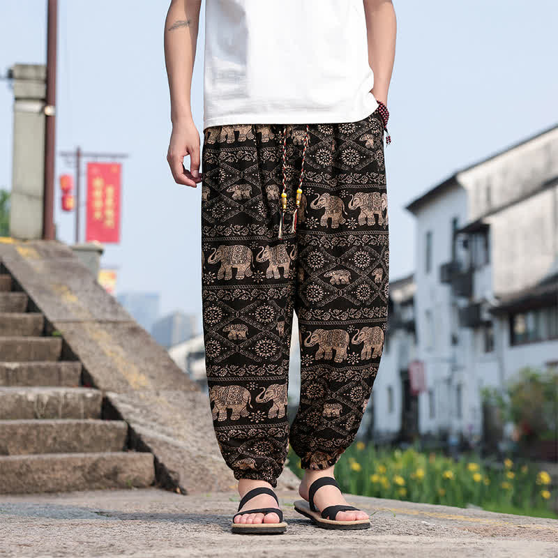 Buddha Stones Zomerse boho casual cropped broek met trekkoord, olifanten- en boomprint, Cropped voor heren met Zakken - Zadelbruin - US/UK/AU46, EU56 (5XL) - image 0