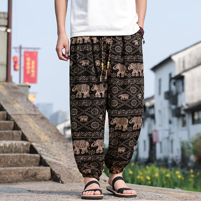 Buddha Stones Zomerse boho casual cropped broek met trekkoord, olifanten- en boomprint, Cropped voor heren met Zakken - image 1