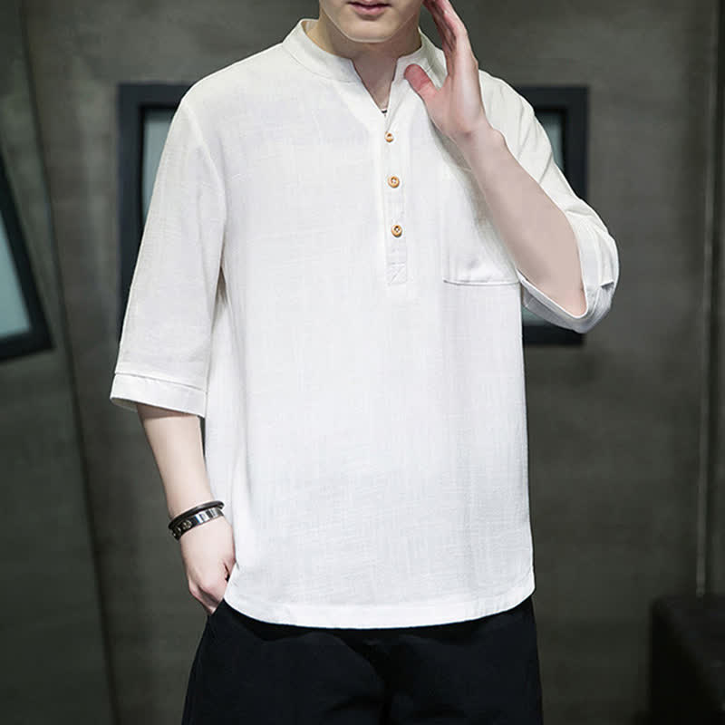 Buddha Stones Zomerse casual Tang-stijl Overhemden met Mandarin kraag, effen kleur, Korte mouw en opgestikte zak - Wit - US/UK/AU46, EU56 (5XL) - image 0