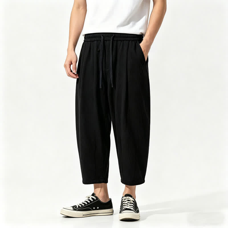 Buddha Stones Zomerse casual capri broek met trekkoord, effen katoen, heren harembroek met Zakken - Zwart - US/UK/AU46, EU56 (5XL) - image 1