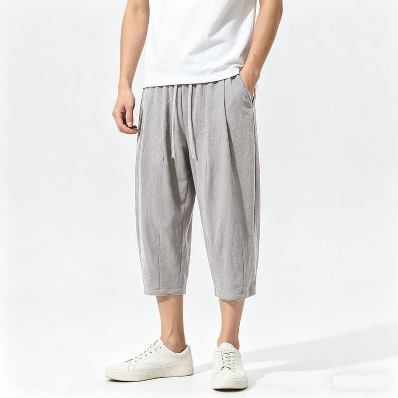 Buddha Stones Zomerse casual capri broek met trekkoord, effen katoen, heren harembroek met Zakken - Zilver - US/UK/AU46, EU56 (5XL) - image 0