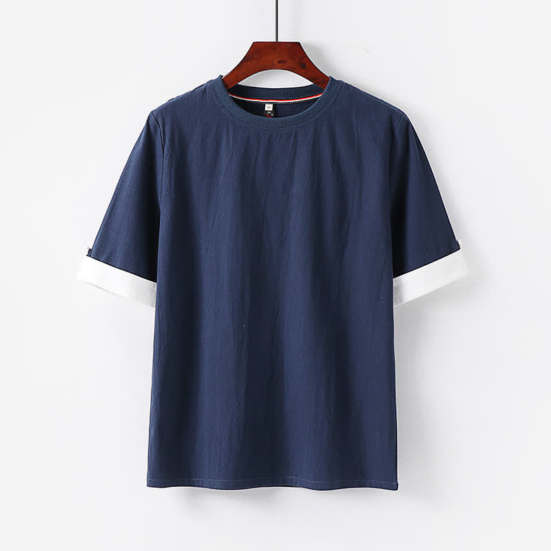 Buddha Stones Zomerse casual minimalistische button-up T-shirts met ronde hals en Korte mouw van katoen voor heren. - Middernachtblauw - US/UK/AU48, EU58 (6XL) - image 0