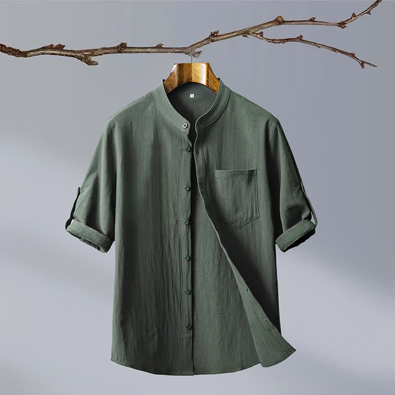 Buddha Stones Zomerse Tang-stijl casual Overhemden met Korte mouw, Mandarin kraag en opgestikte zak, effen katoen. - Donker olijfgroen - US/UK/AU46, EU56 (5XL) - image 0