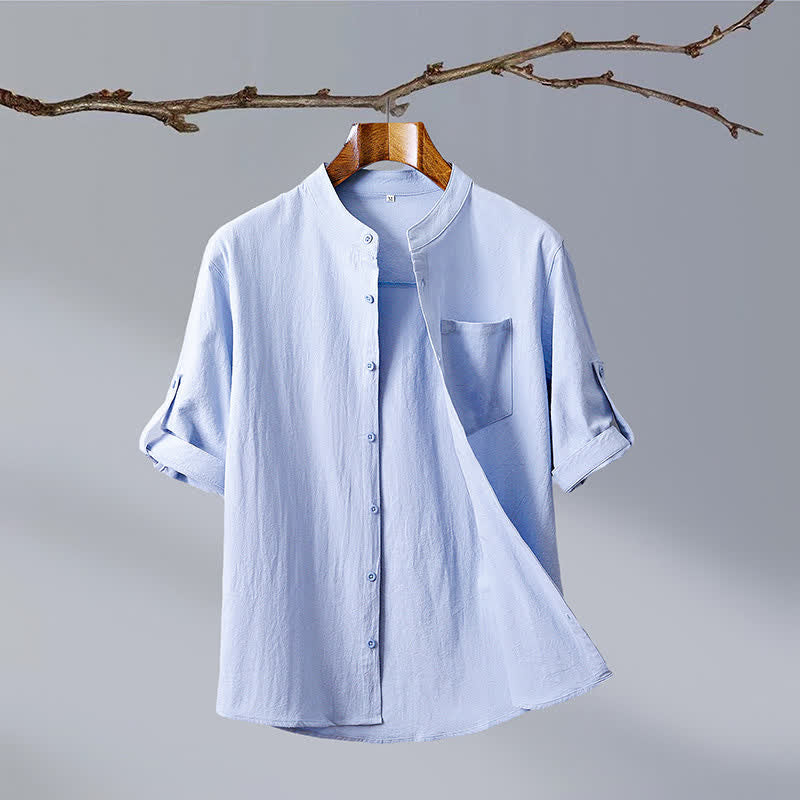 Buddha Stones Zomerse Tang-stijl casual Overhemden met Korte mouw, Mandarin kraag en opgestikte zak, effen katoen. - Poederblauw - US/UK/AU46, EU56 (5XL) - image 1