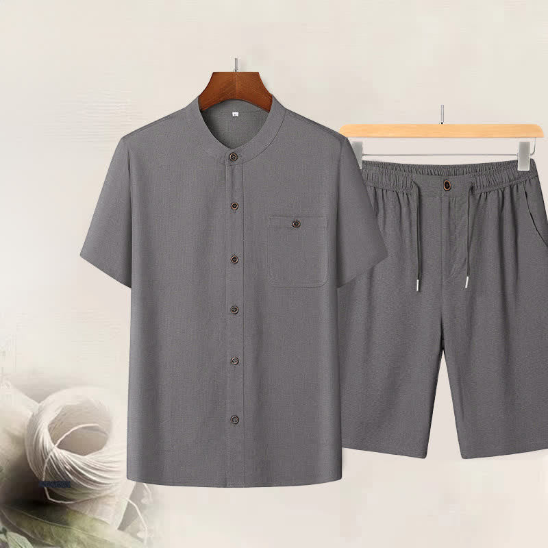 Buddha Stones Zomerse casual set met effen Mandarin kraag en Korte mouw, bijpassende broek met trekkoord en Zakken voor heren. - Donkergrijs shirt + broek - US/UK/AU46, EU56 (5XL) - image 0