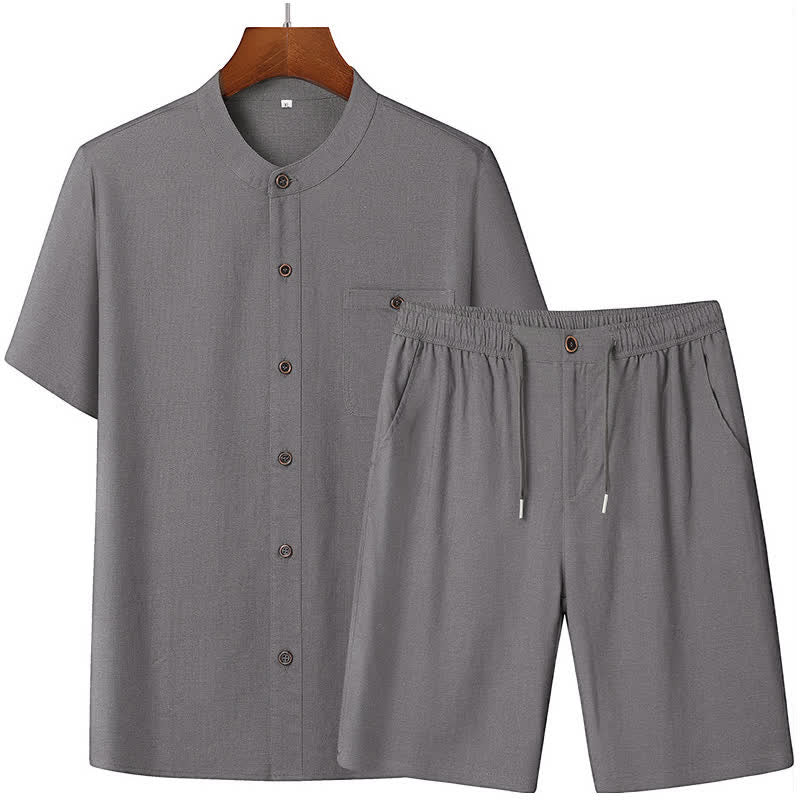 Buddha Stones Zomerse casual set met effen Mandarin kraag en Korte mouw, bijpassende broek met trekkoord en Zakken voor heren. - image 1