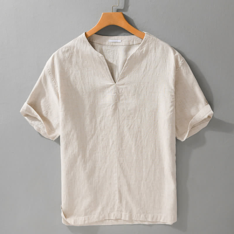 Buddha Stones Minimalistische zomerse T-shirts met V-hals en Korte mouw voor heren - Linnen - US/UK/AU42, EU52 (3XL) - image 0