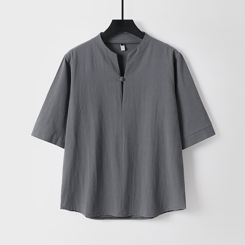Buddha Stones 2-delige set voor lente/zomer, casual, effen shirt met trekkoord en Cropped broek, herenkleding voor meditatie met zakken - image 1