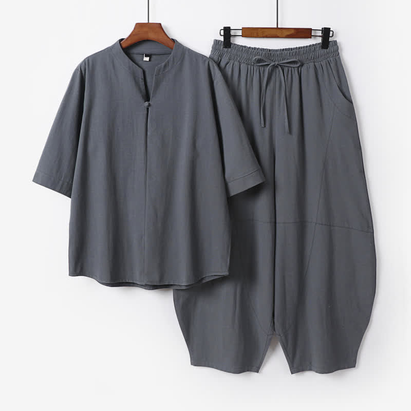 Buddha Stones 2-delige set voor lente/zomer, casual, effen shirt met trekkoord en Cropped broek, herenkleding voor meditatie met zakken - Leigrijs - US/UK/AU54, EU64 (9XL) - image 0