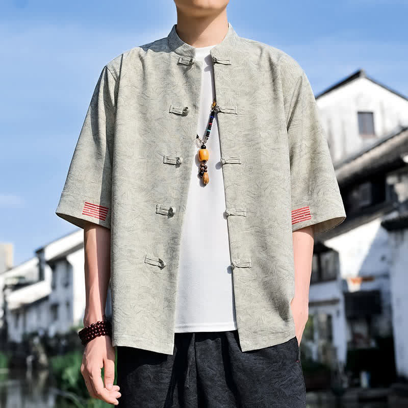 Buddha Stones Zomerse Tang-stijl Overhemden met Mandarin kraag en kikkerknopen, effen kleur, Korte mouw - Beige - US/UK/AU46, EU56 (5XL) - image 0