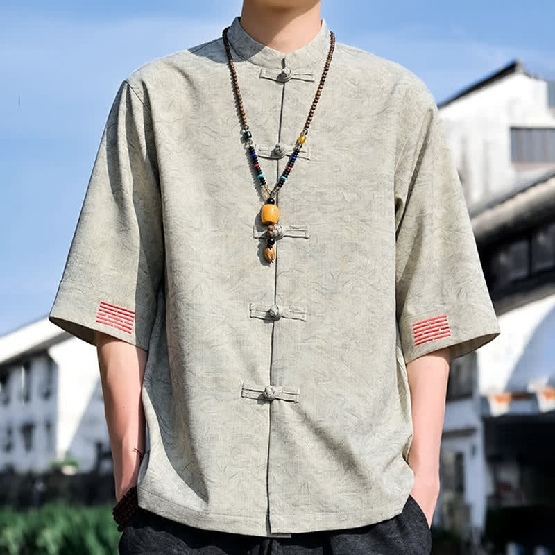 Buddha Stones Zomerse Tang-stijl Overhemden met Mandarin kraag en kikkerknopen, effen kleur, Korte mouw - image 1