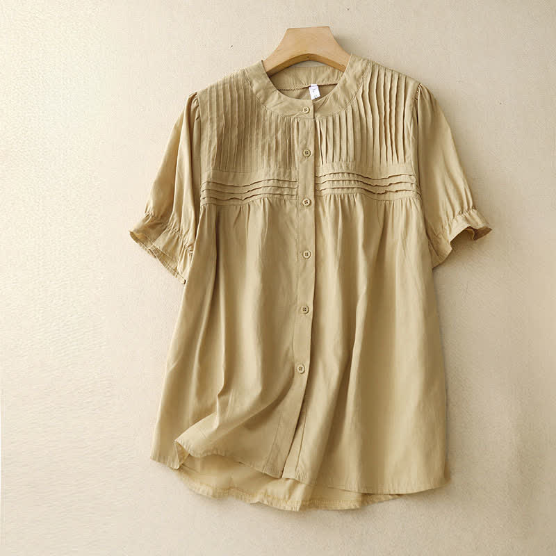 Buddha Stones Zomerse casual vintage button-up Overhemden met plooien en Korte mouw voor dames. - Khaki - US8-10, UK/AU12-14, EU40-42 (2XL) - image 0