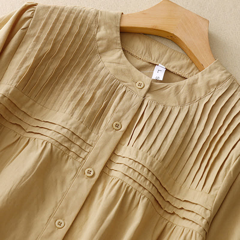 Buddha Stones Zomerse casual vintage button-up Overhemden met plooien en Korte mouw voor dames. - image 1