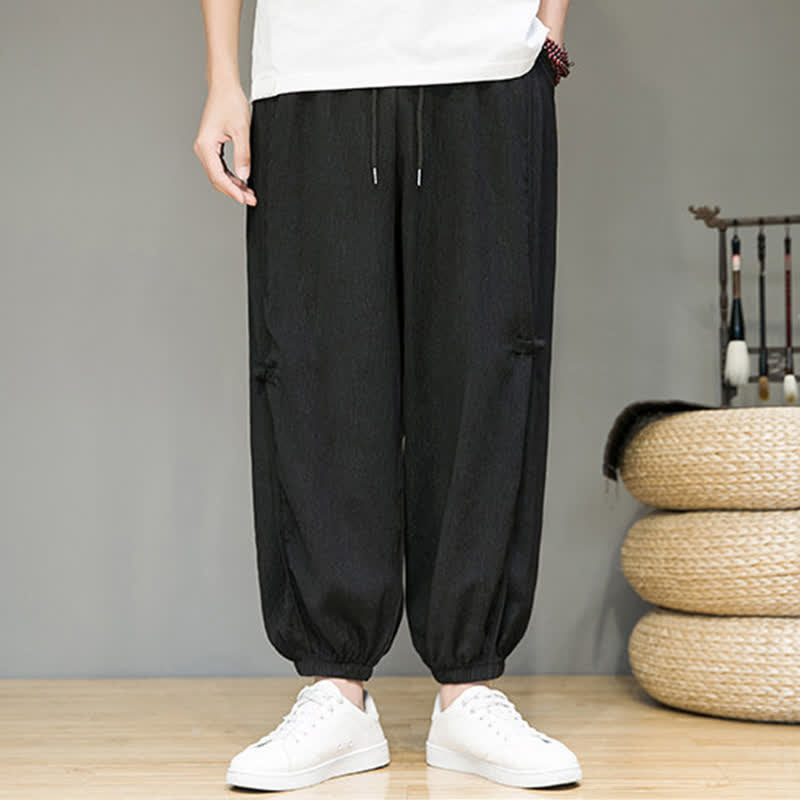 Buddha Stones Zomerse casual minimalistische Cropped broek met trekkoord, effen model, harembroek voor heren met zakken - image 1
