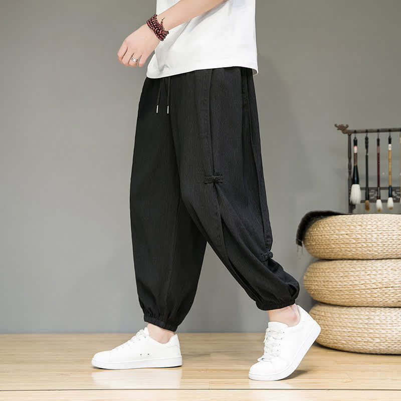 Buddha Stones Zomerse casual minimalistische Cropped broek met trekkoord, effen model, harembroek voor heren met zakken - Zwart - US/UK/AU46, EU56 (5XL) - image 0