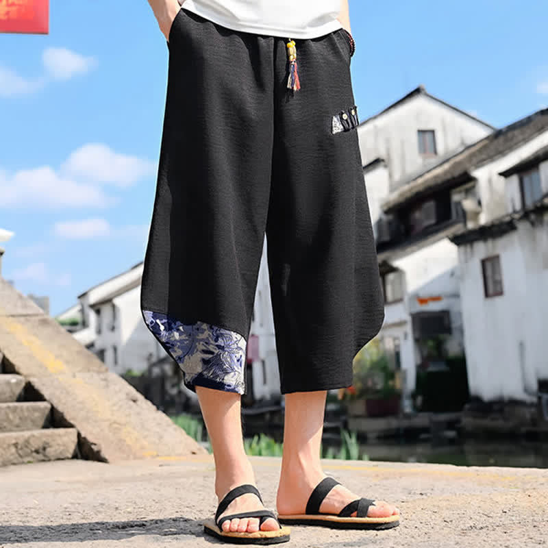 Buddha Stones Zomerse casual vintage capri broek met trekkoord en bloemenprint, heren harembroek met zakken - image 1