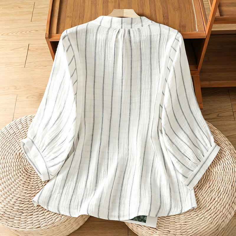 Buddha Stones Zomerse casual minimalistische gestreepte Overhemden met knoopsluiting en Korte mouw - image 1