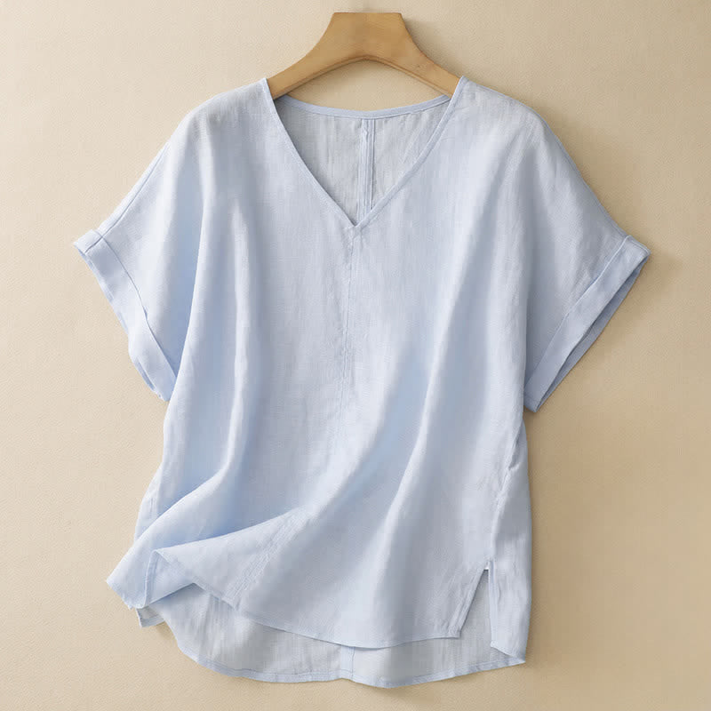 Buddha Stones Zomerse casual minimalistische T-shirts met zijsplit en V-hals voor dames met Korte mouw - Poederblauw - US8-10, UK/AU12-14, EU40-42 (2XL) - image 0