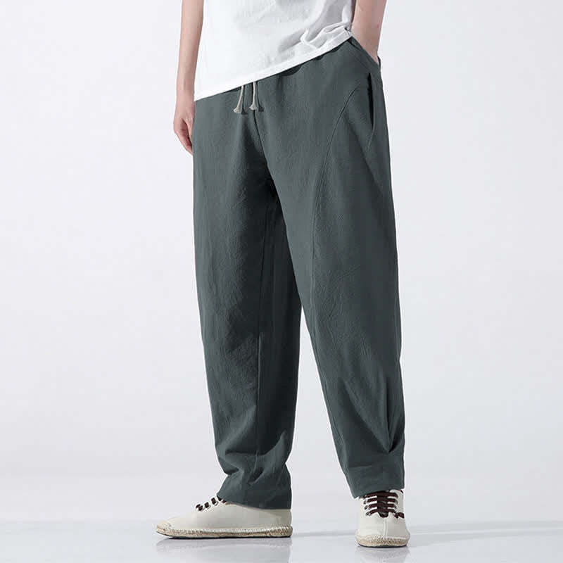 Buddha Stones Zomerse casual minimalistische cropped broek met trekkoord van effen katoen, harembroek voor heren met zakken - CadetBlue - US/UK/AU46, EU56 (5XL) - image 0