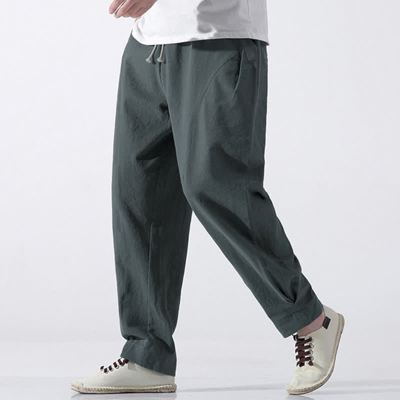 Buddha Stones Zomerse casual minimalistische cropped broek met trekkoord van effen katoen, harembroek voor heren met zakken - image 1