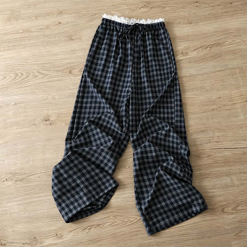 Buddha Stones Zomerse casual vintage katoenen Lang broek met trekkoord, ruitjespatroon en kanten afwerking, wijde pijpen en Zakken voor dames. - Marine - US8-10, UK/AU12-14, EU40-42 (2XL) - image 0