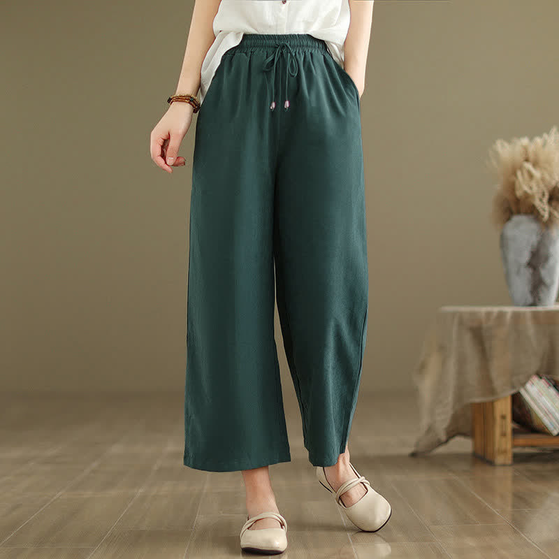 Buddha Stones Zomerse casual minimalistische Cropped broek met trekkoord van effen katoen, wijde pijpen en zakken voor dames - Bosgroen - US8-10, UK/AU12-14, EU40-42 (2XL) - image 0