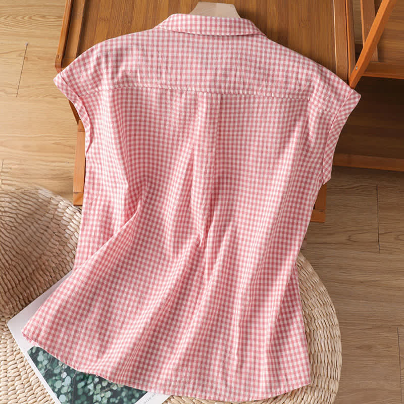 Buddha Stones Zomerse casual vintage button-up geruite Mouwloos Overhemden tanktop - image 1