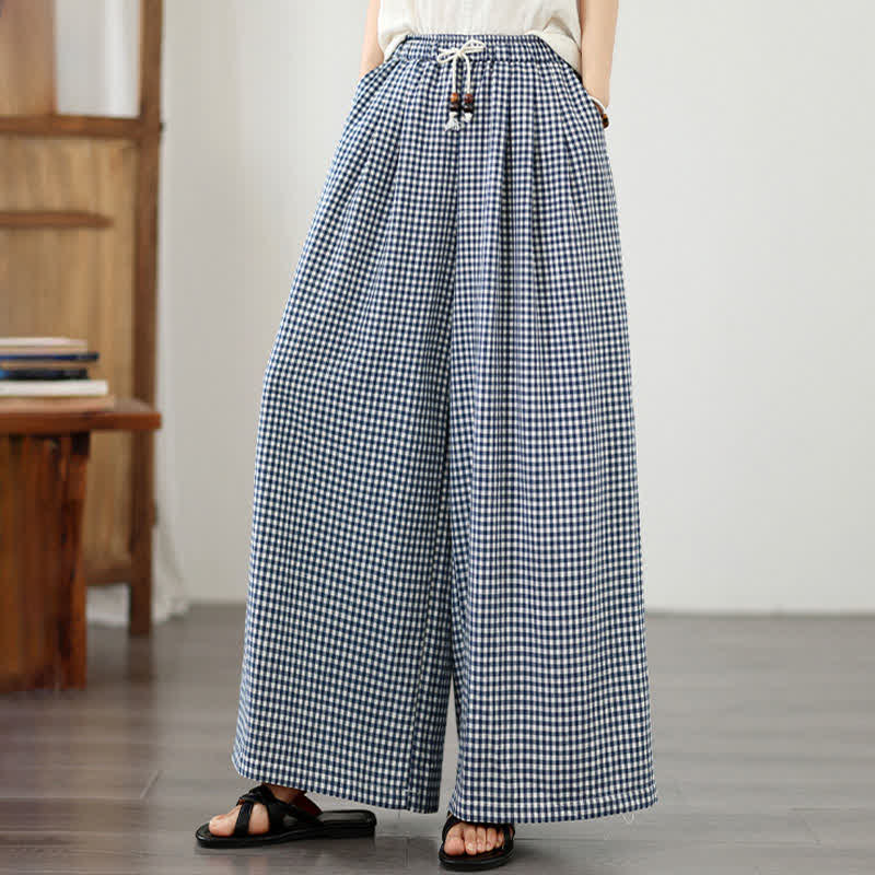 Buddha Stones Zomerse casual broek met trekkoord, licht geruit patroon, Enkellengte broek voor dames, wijde pijpen met zakken - image 1