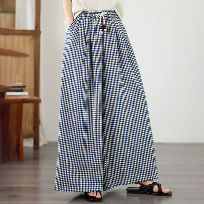 Buddha Stones Zomerse casual broek met trekkoord, licht geruit patroon, Enkellengte broek voor dames, wijde pijpen met zakken - Lichtstaalblauw - US8-10, UK/AU12-14, EU40-42 (2XL) - image 0