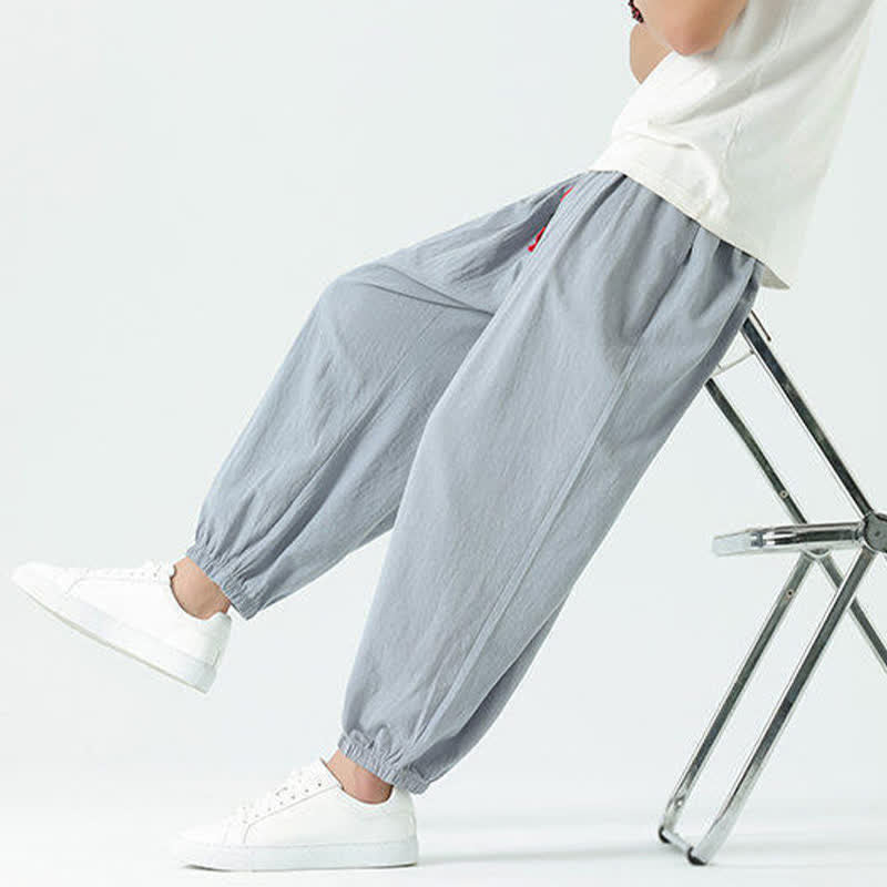 Buddha Stones Zomerse casual boho broek met trekkoord, effen katoenen Cropped model, harembroek voor heren met zakken - image 1