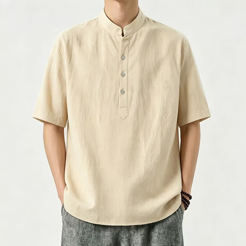 Buddha Stones Zomerse casual Overhemden met Mandarin kraag en Korte mouw , effen kleur - Khaki - US/UK/AU46, EU56 (5XL) - image 0