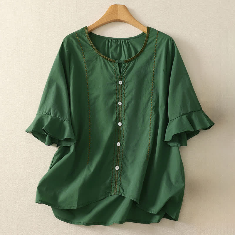 Buddha Stones Zomerse boho casual blouse met knoopjes, effen kleur, Klokmouw en Korte mouw voor dames. - Bosgroen - US12, UK/AU16, EU44 (2XL) - image 0