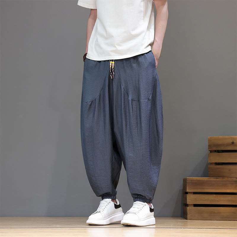 Buddha Stones Zomerse casual vintage cropped broek met trekkoord van effen katoen, harembroek voor heren met zakken - image 1