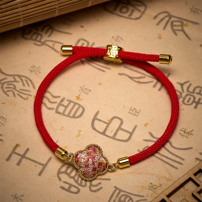 Buddha Stones Rode Snaar Lied Brokaat Geluksarmband met Klavertje Armband - image 2