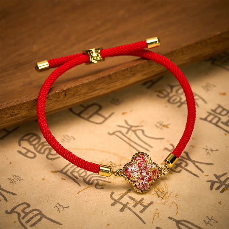 Buddha Stones Rode Snaar Lied Brokaat Geluksarmband met Klavertje Armband - image 3