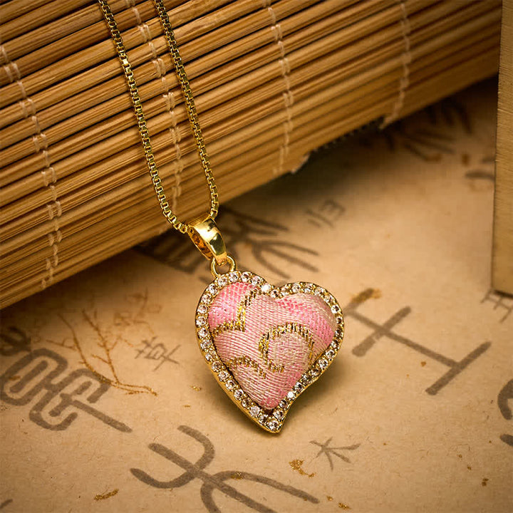 Buddha Stones Draaibare koperen hart- en klavertje vier-ingelegde roze brokaat Harmonic Connection Ketting - image 10