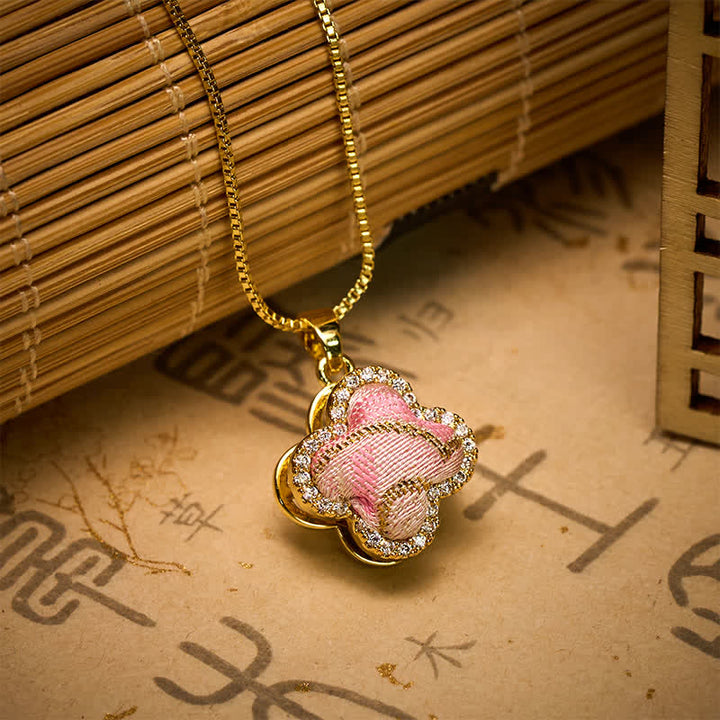 Buddha Stones Draaibare koperen hart- en klavertje vier-ingelegde roze brokaat Harmonic Connection Ketting - image 2