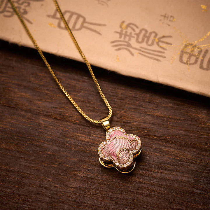Buddha Stones Draaibare koperen hart- en klavertje vier-ingelegde roze brokaat Harmonic Connection Ketting - image 1